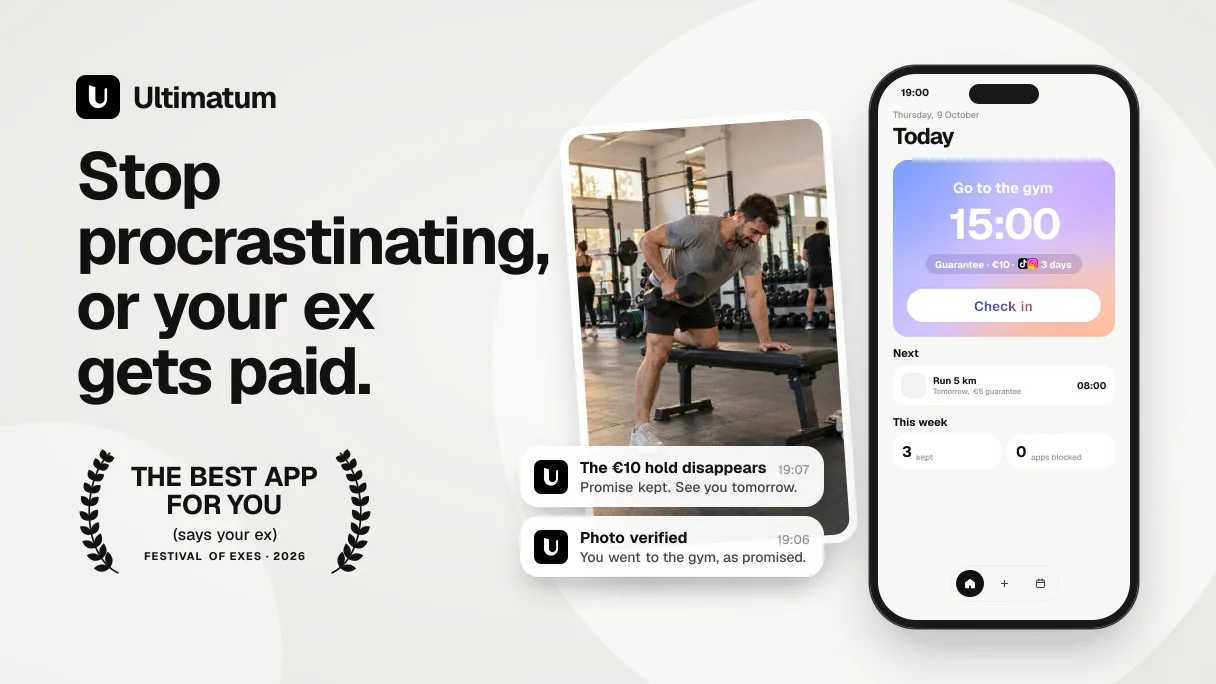 Ultimatum iPhone app with a daily goal and money on the line, next to a gym photo and notifications confirming the promise was kept